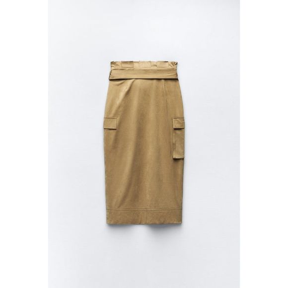 ZARA FAUX SUEDE PAPERBAG MIDI SKIRT - Picture 4 of 6